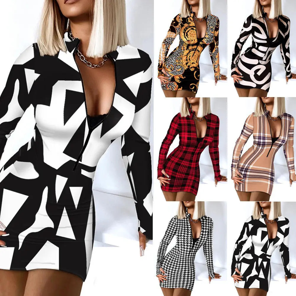 Damen Herbst- und Winterkleid mit langen Ärmeln, V-Ausschnitt, Reißverschluss und enganliegendem Hüftbeutel