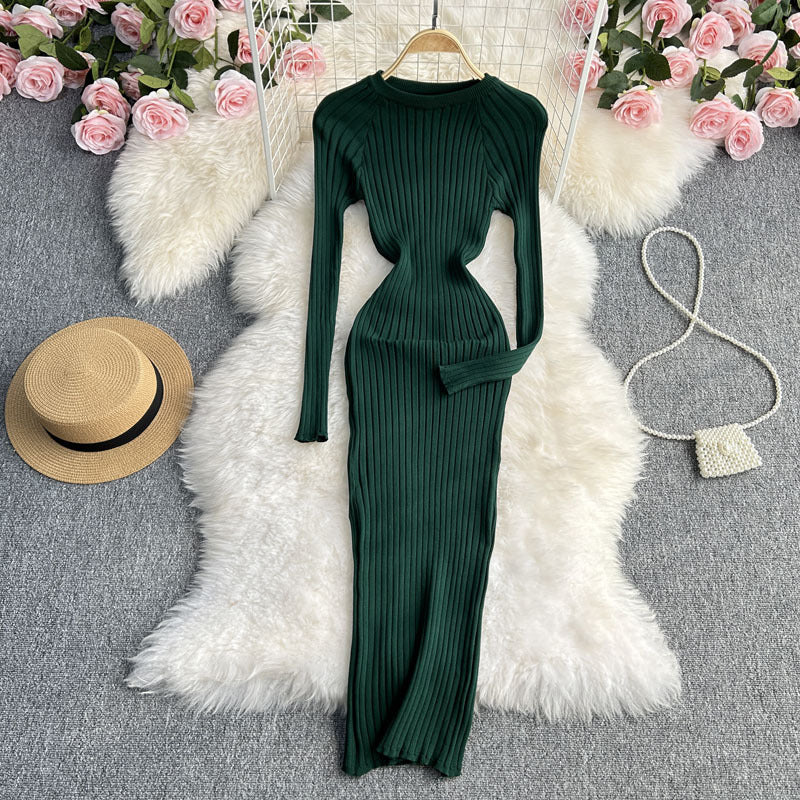 Herbst und Winter langärmliges Rundhals-Slim-Fit-Kleid mit betonter Taille