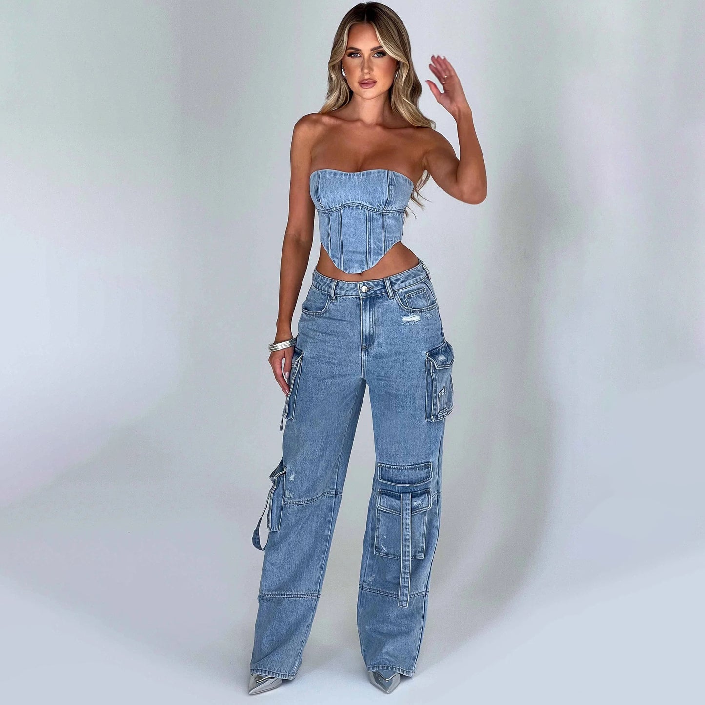 Damen-Denimhose mit weitem Bein