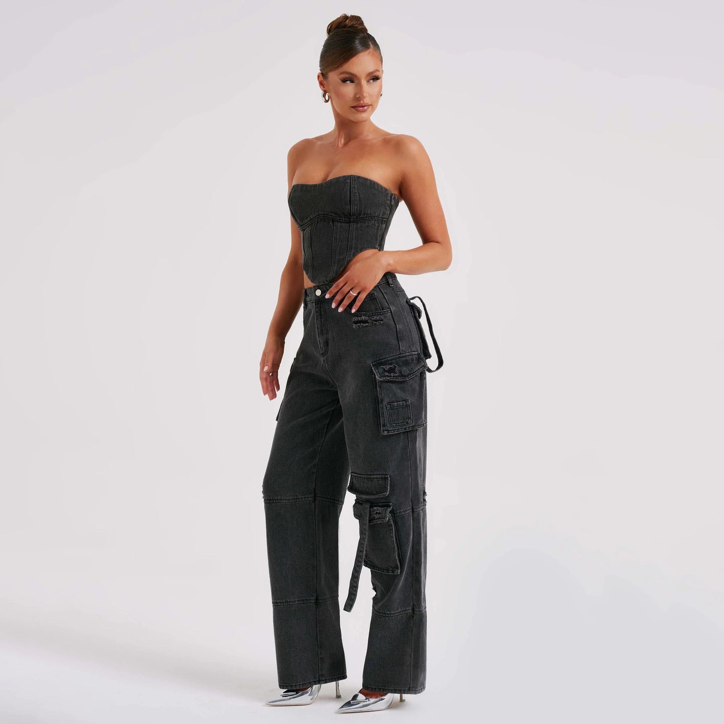 Damen-Denimhose mit weitem Bein