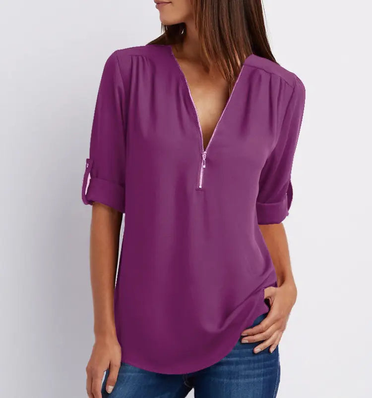 Kurzhemd mit Frauen mit Zipper und V -Flick -Lose Top