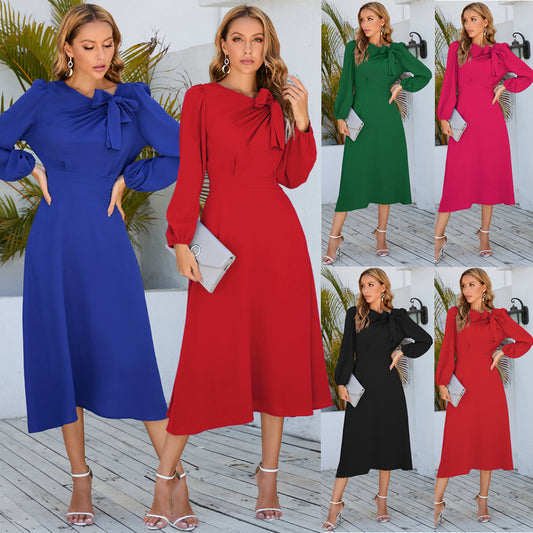 Herbst- und Winterkleid mit langen Ärmeln, Rundhalsausschnitt und Schleife