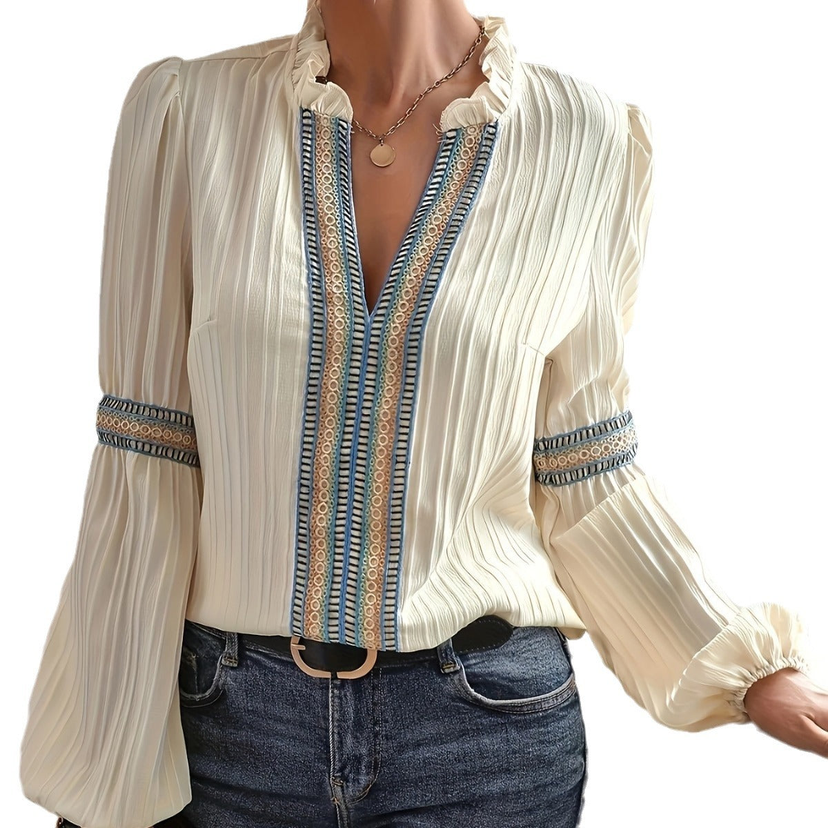 Schlichtes Spitzen-Patchwork-Shirt mit V-Ausschnitt