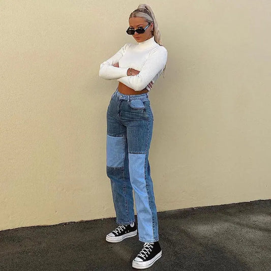 Kontrastnähte Jeans mit hohem Bund und geradem Bein Damen