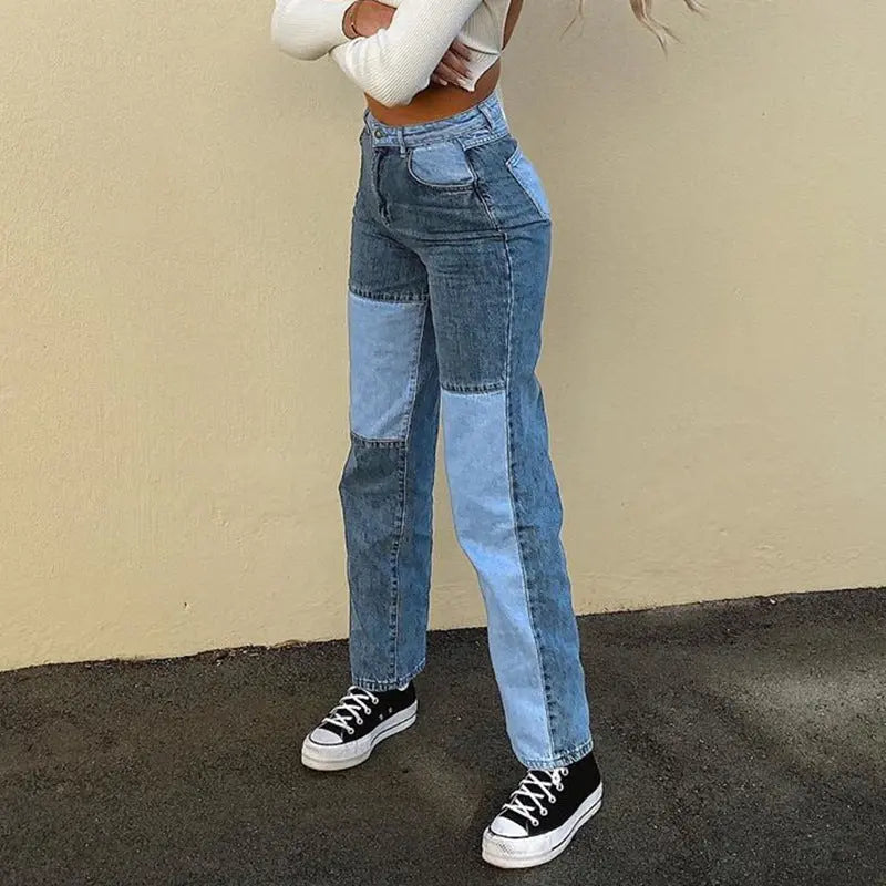Kontrastnähte Jeans mit hohem Bund und geradem Bein Damen