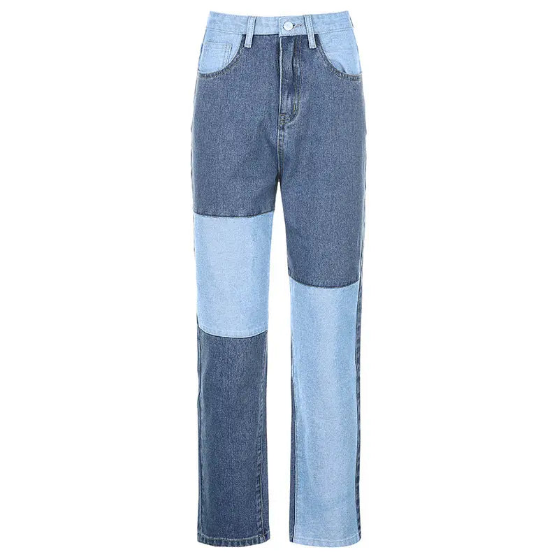 Kontrastnähte Jeans mit hohem Bund und geradem Bein Damen