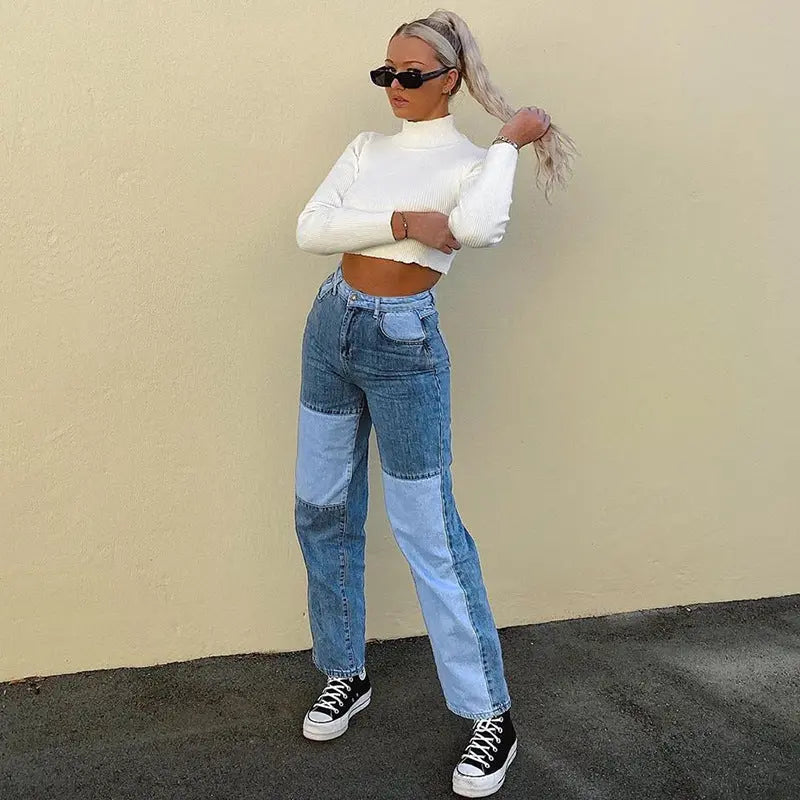 Kontrastnähte Jeans mit hohem Bund und geradem Bein Damen
