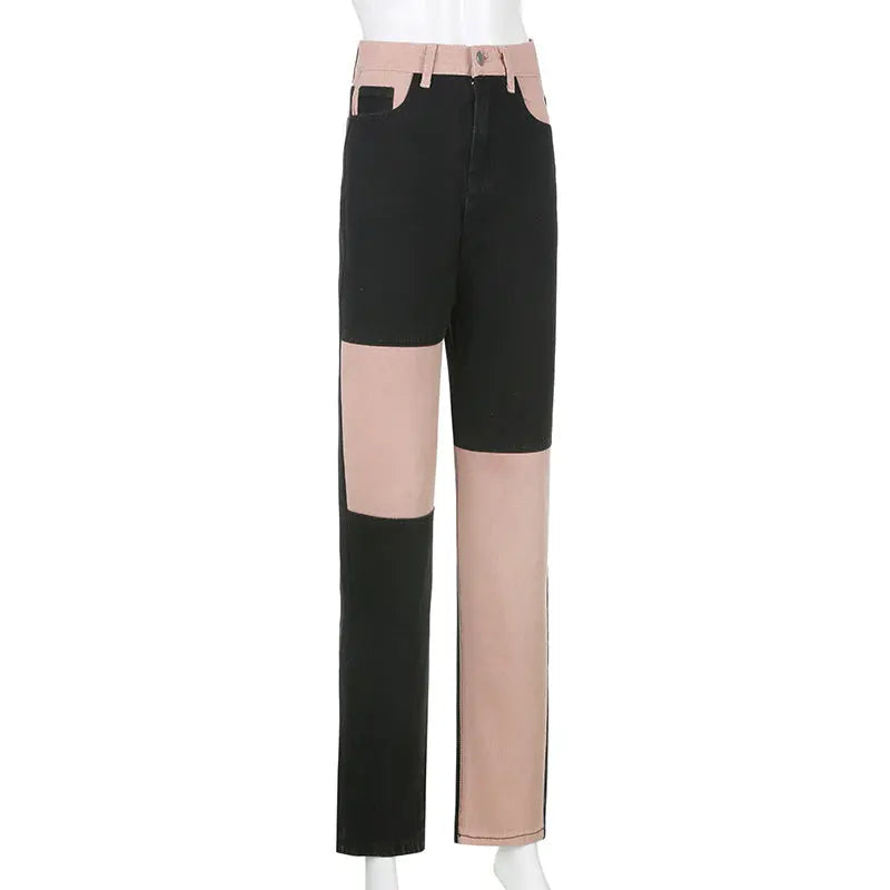 Kontrastnähte Jeans mit hohem Bund und geradem Bein Damen