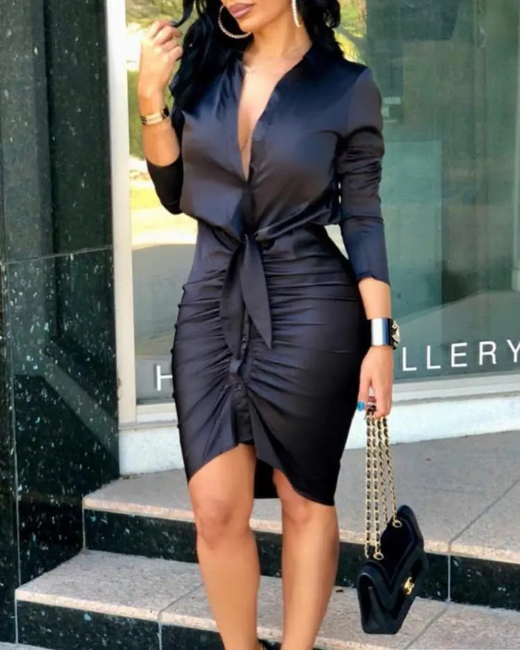 Edles Damen Langarm Midikleid: Modisches Shirtkleid mit Schnürung und einfarbigem Design für elegante Fashion-Partys"