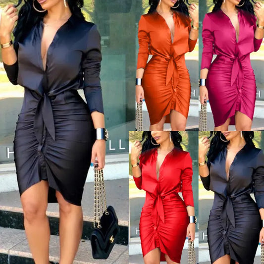 Edles Damen Langarm Midikleid: Modisches Shirtkleid mit Schnürung und einfarbigem Design für elegante Fashion-Partys"