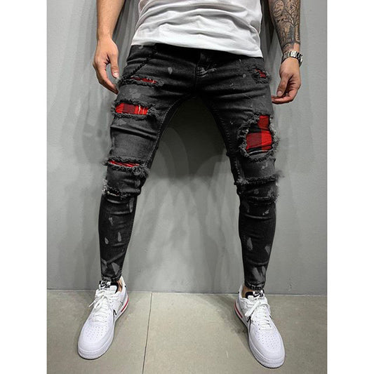Zerrissene Patch Mode Slim-Fit Punkt Farbe Stretch Herren Jeans