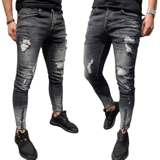 Zerrissene Hose mit elastischen Fußbündchen und Reißverschluss für Männer