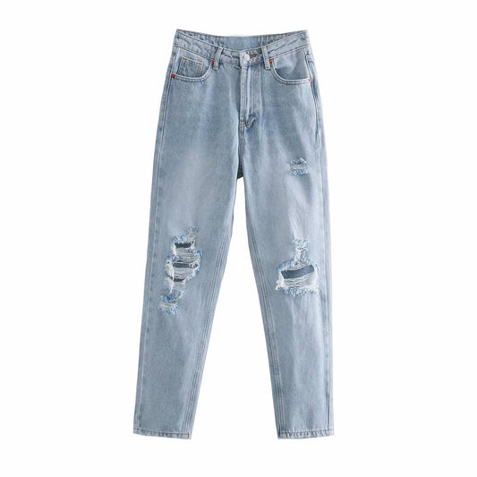 Hohe Taille Damen Jeans mit geradem Schnitt und schlanken Löchern