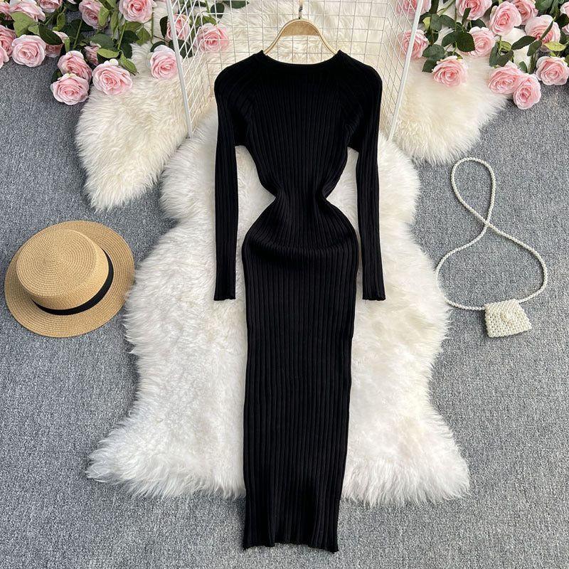 Herbst und Winter langärmliges Rundhals-Slim-Fit-Kleid mit betonter Taille