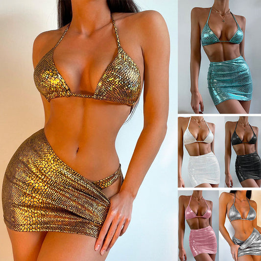Schlangenmuster-Bikini-Set mit Cover-Up-Rock für Damen