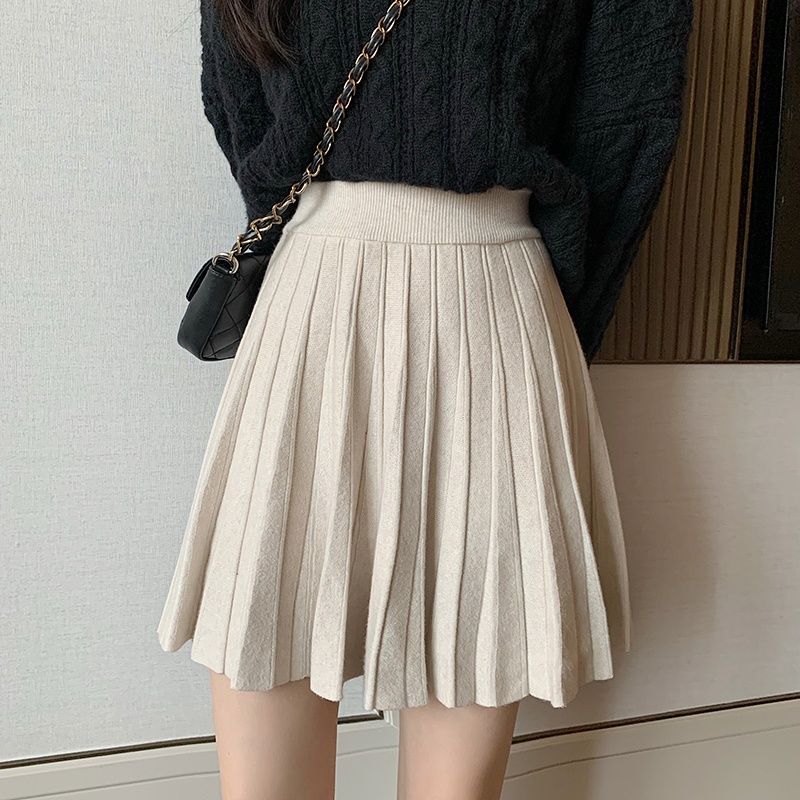 Damen Herbst- und Winterrock mit hoher Taille und gestrickten Falten