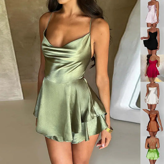 Sommer Neues Elegantes Schlankes Satin-Rückenloses Schnürungs-A-Linien-Kleid