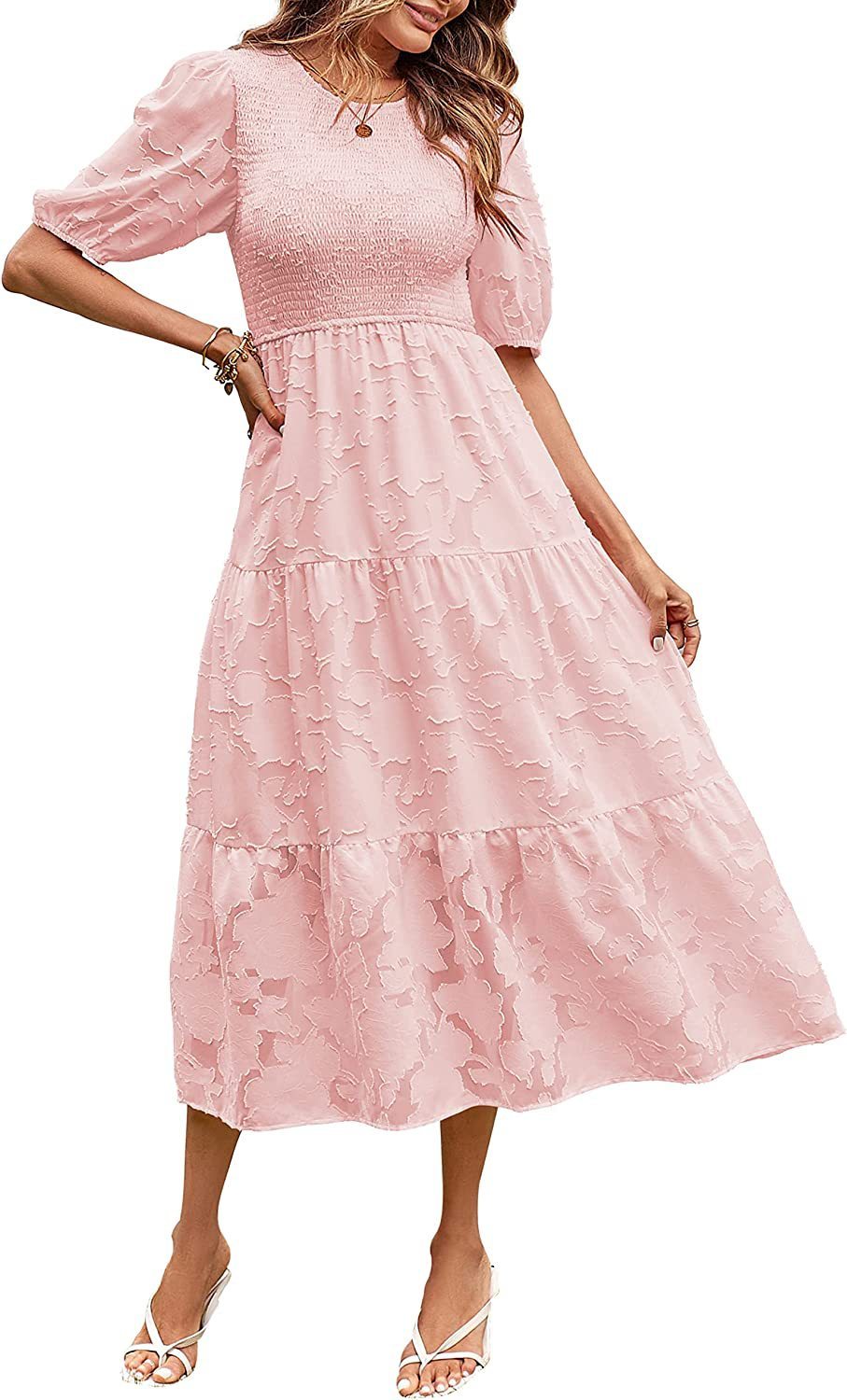 Gefältetes Ballonärmel-Lagenblumenkleid