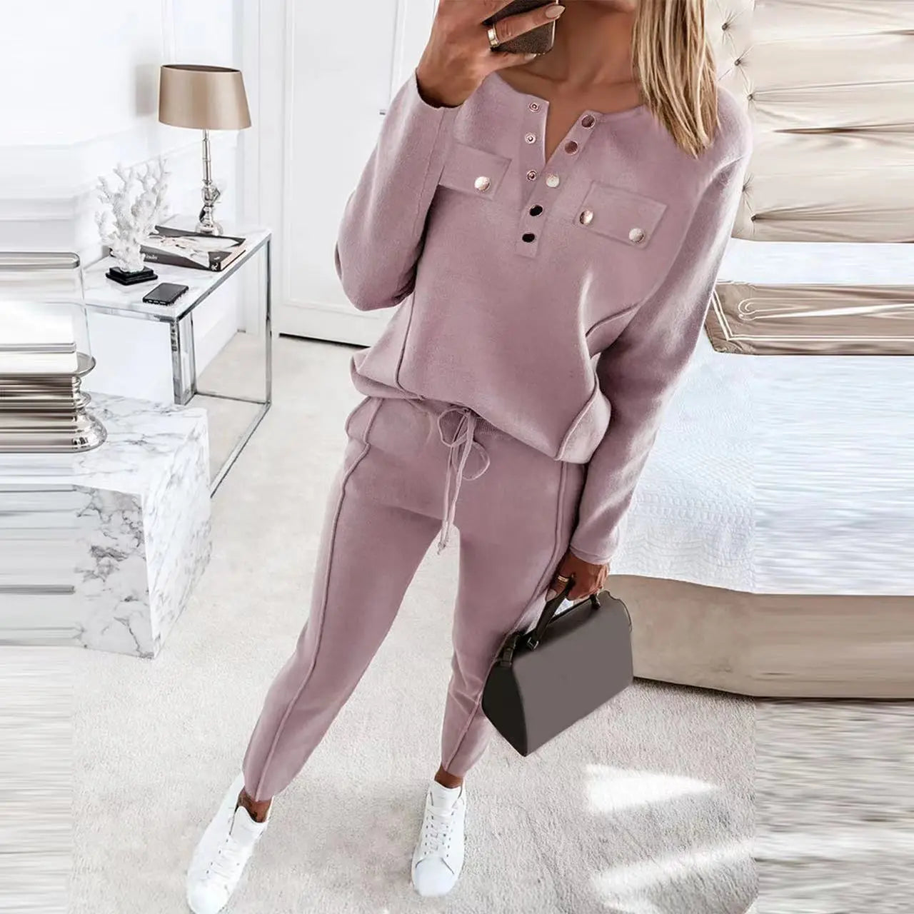 Lässiges Zweiteiler-Set für Damen, Herbst- und Winterkollektion mit hochgeschlossenem Oberteil und langen Ärmeln