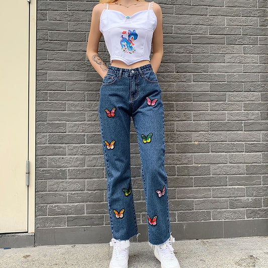 Damen Jeans mit Schmetterlingsmuster und geradem Schnitt