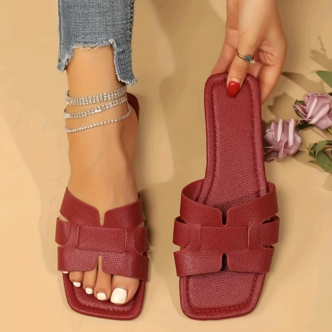 Sommerliche Hohle Quadratische-Zehen-Flats Damen-Sandalen Rutschen Hausschuhe