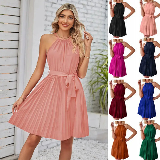 Schulterfreie Halterkleider für Damen: Eleganter Sommerstrand-Sommerkleid mit solidem Plissee-Rock"