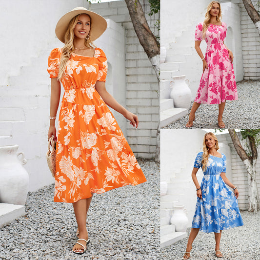 Sommer Casual Damenkleid mit diagonalem Kragen und Blumendruck