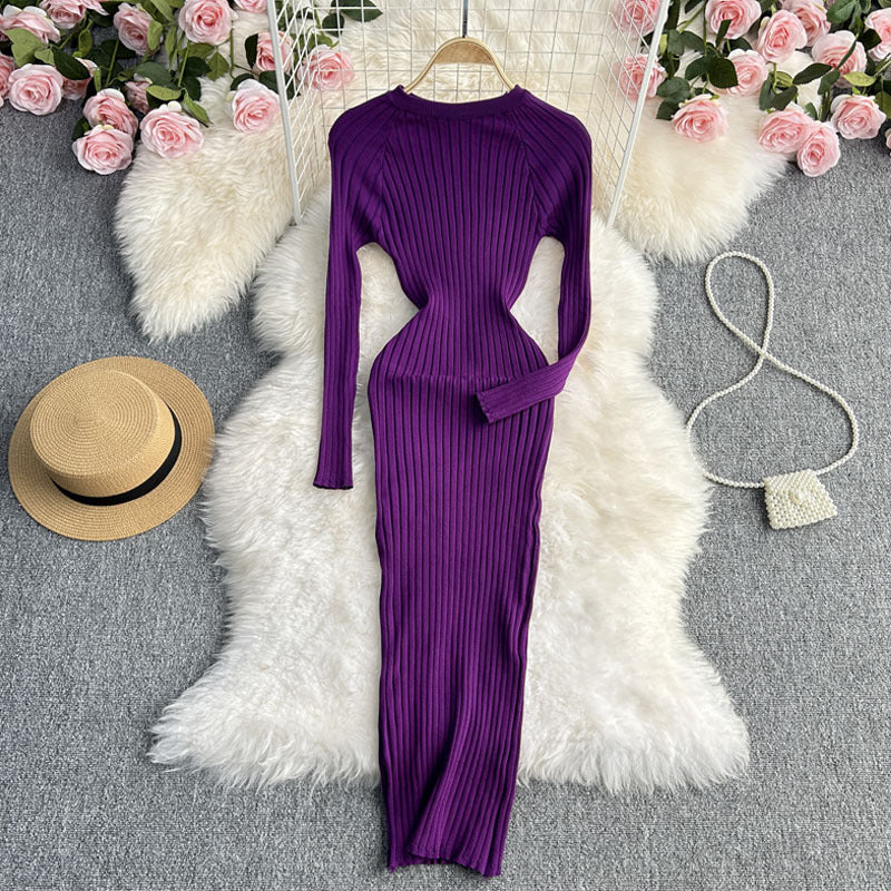Herbst und Winter langärmliges Rundhals-Slim-Fit-Kleid mit betonter Taille