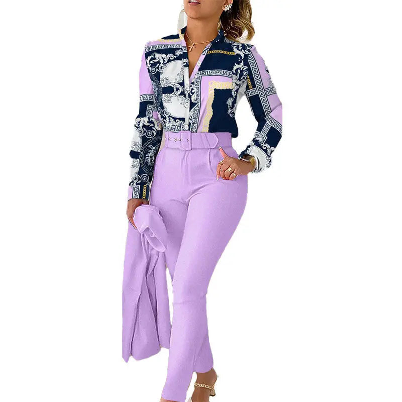Elegantes Bedrucktes Hosen- und Langarm-Oberteil-Set für Damen