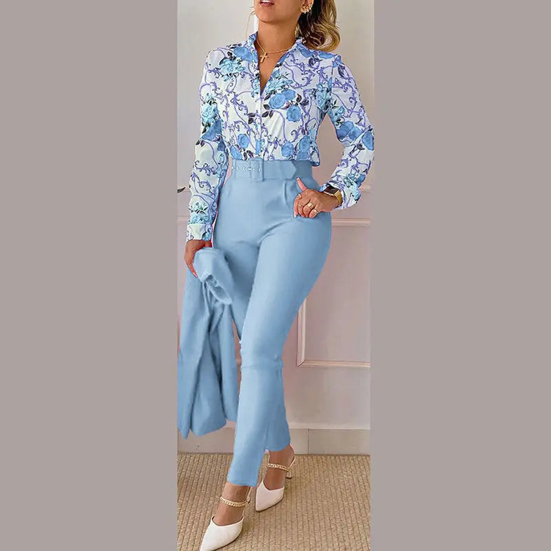 Elegantes Bedrucktes Hosen- und Langarm-Oberteil-Set für Damen