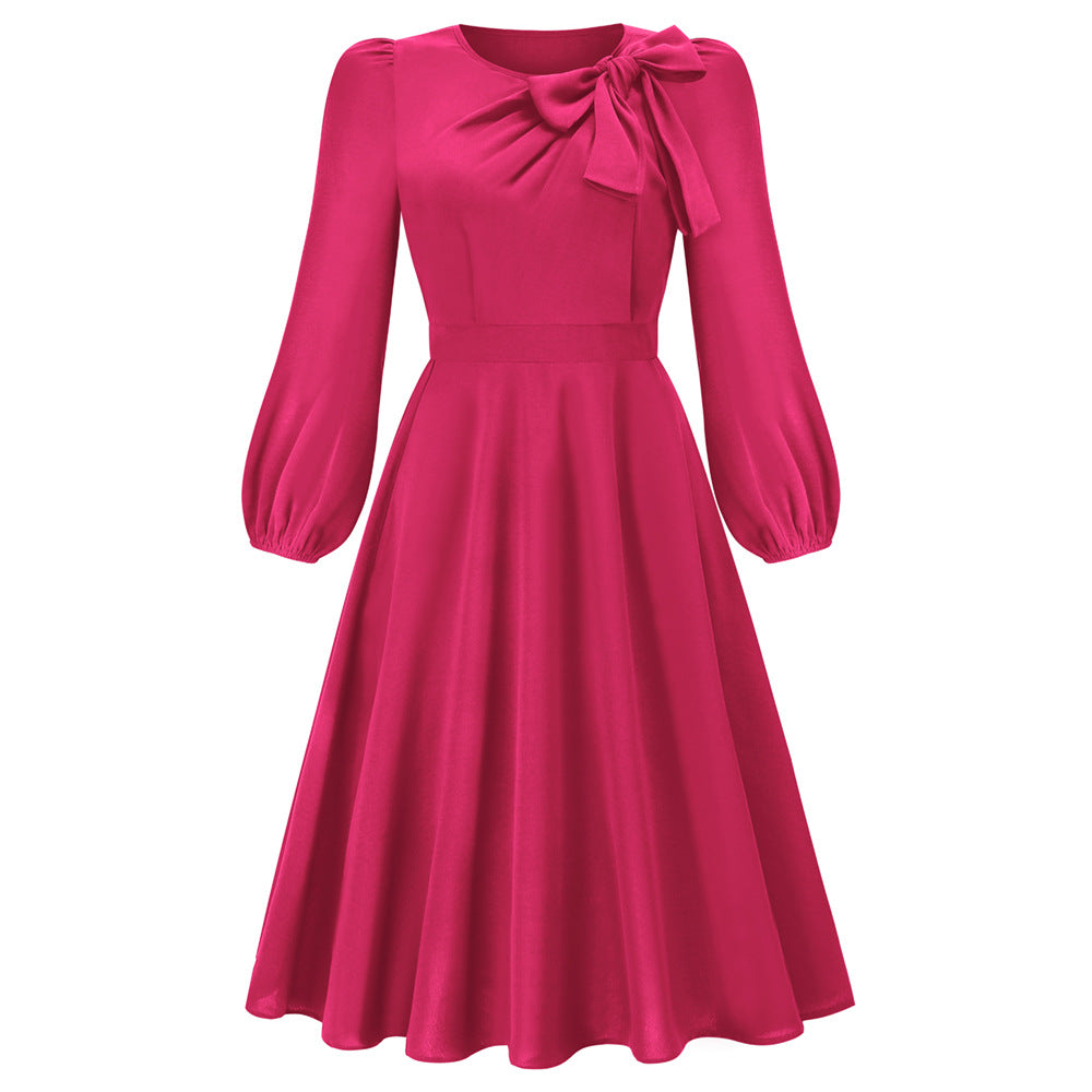 Herbst- und Winterkleid mit langen Ärmeln, Rundhalsausschnitt und Schleife