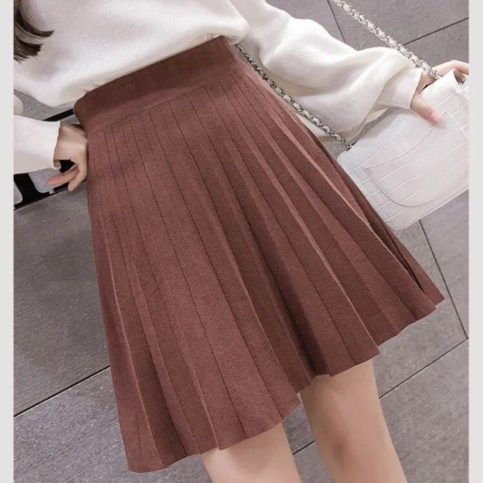 Damen Herbst- und Winterrock mit hoher Taille und gestrickten Falten