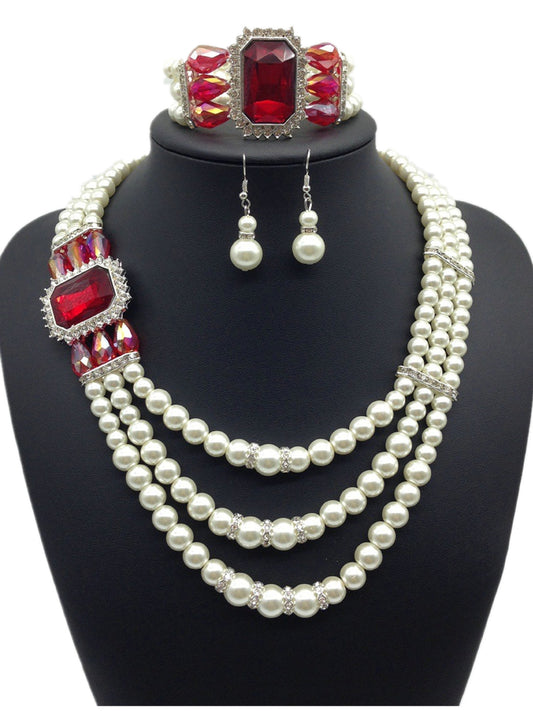 Diamant-Edelstein-Perlen-Halsketten- und Ohrring-Set in europäischem Stil