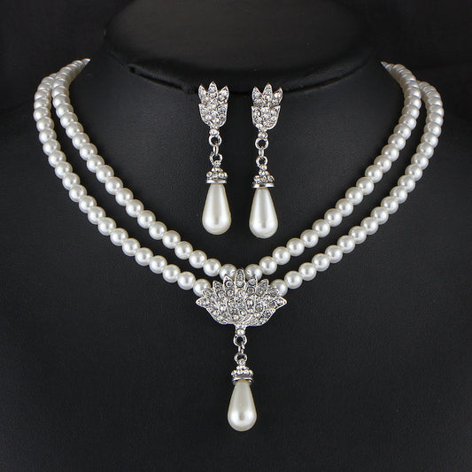 Perlen-Kristall-Diamant Braut-Halskette & Ohrringe