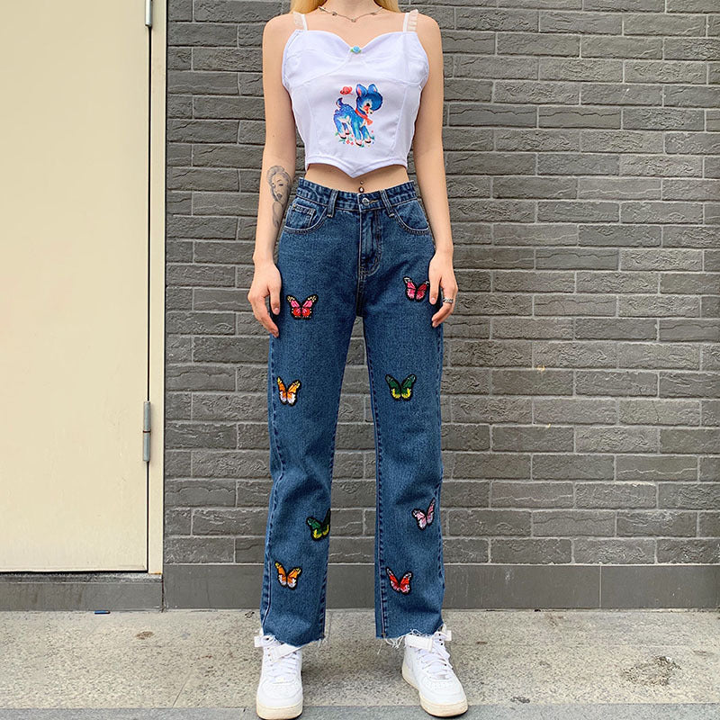 Damen Jeans mit Schmetterlingsmuster und geradem Schnitt