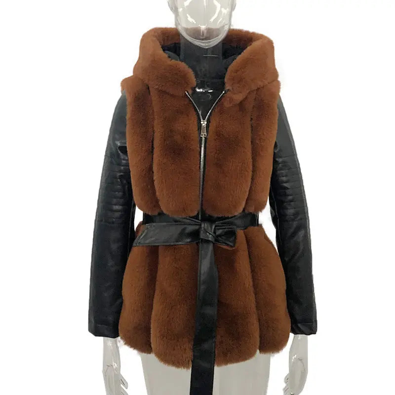 Neue Stil Pelz Gürtel Gürtel Mit Kapuze Zipper Jacke für Damen