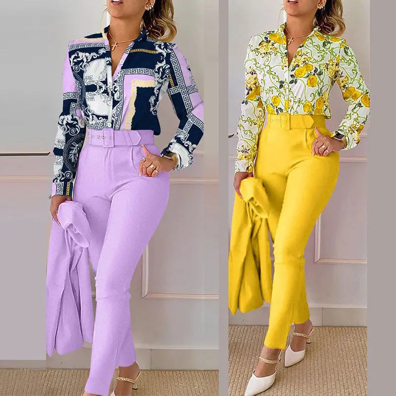 Elegantes Bedrucktes Hosen- und Langarm-Oberteil-Set für Damen