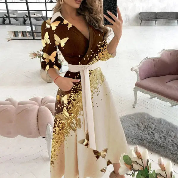 Damenkleid Elegantes Schmetterlingssternchen-Druckkleid"