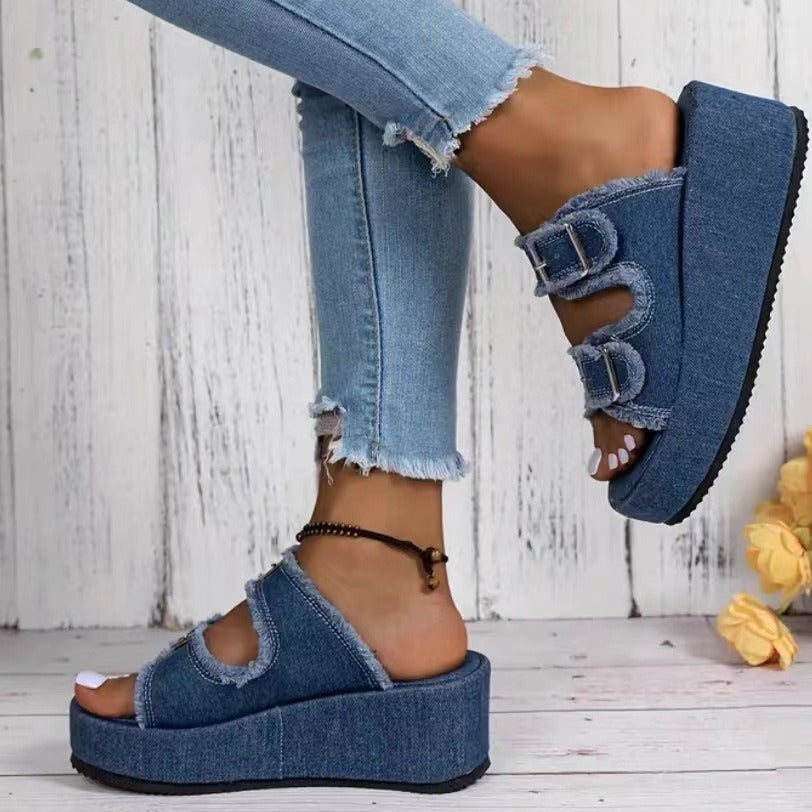 Damen Denim-Sandalen mit Schnalle