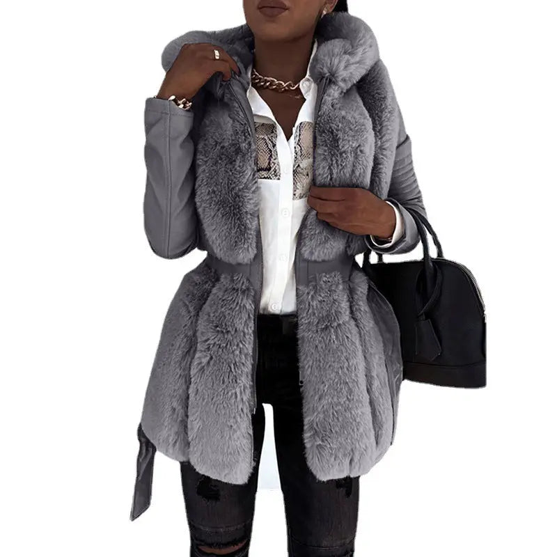Neue Stil Pelz Gürtel Gürtel Mit Kapuze Zipper Jacke für Damen