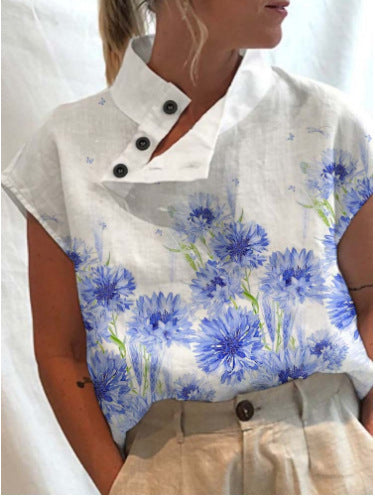 Damen Freizeit Stehkragen Kurzarm Digital bedrucktes Top T-Shirt