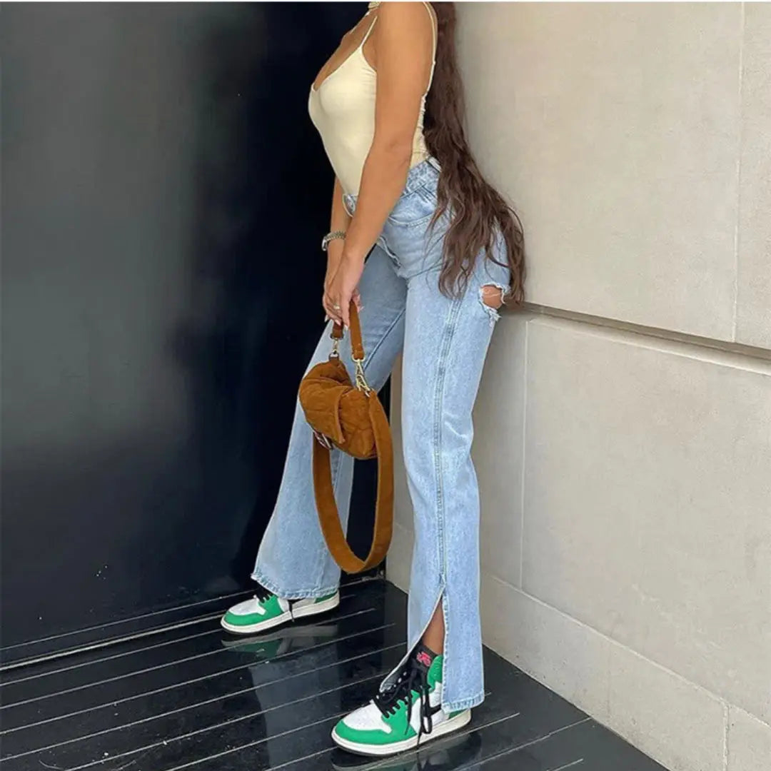 High-Waist-Stretch-Jeans mit zerrissenem Saum und Schlitz für Frauen