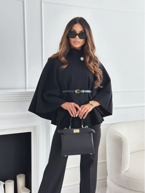 Damen Cape mit Stehkragen und Gürtel – Modischer Wollpullover-Stil - FashionGlam