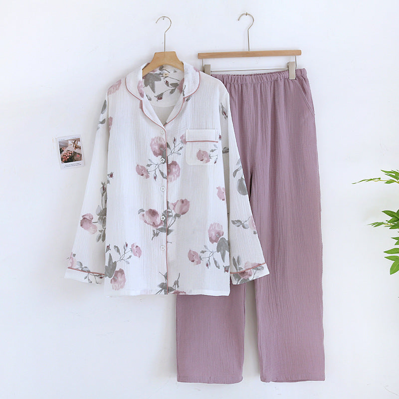 Damen Doppellagiger reiner Baumwollgaze Pastoral Pyjama-Heimanzug