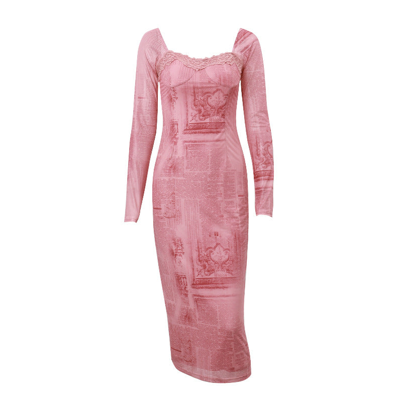 Retro Slim-Fit Kleid mit quadratischem Kragen und langen Ärmeln für Damen