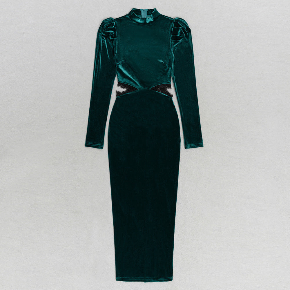 Langärmliges Hohlvelvet-Bubble-Kleid