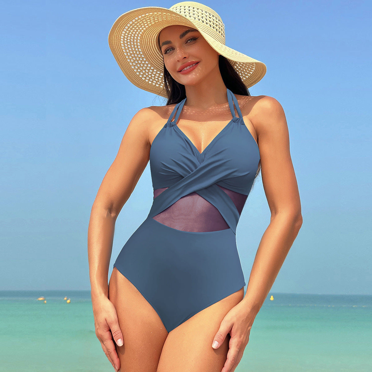 Einteiliger Badeanzug mit Halfter-Ausschnitt und Kreuzgurt-Design für Damen