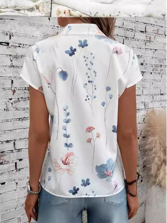 Damen Freizeit Stehkragen Kurzarm Digital bedrucktes Top T-Shirt