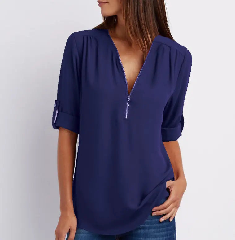 Kurzhemd mit Frauen mit Zipper und V -Flick -Lose Top