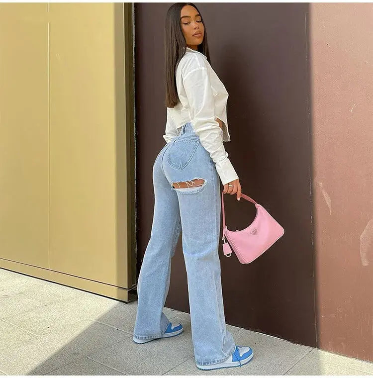 High-Waist-Stretch-Jeans mit zerrissenem Saum und Schlitz für Frauen